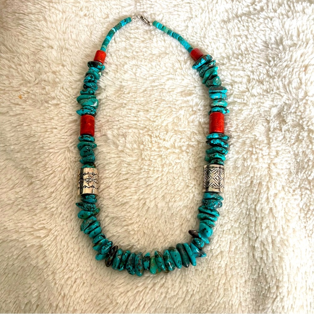 Authentic Turquoise necklace with sterling silver barrel beads and Coral 20 in